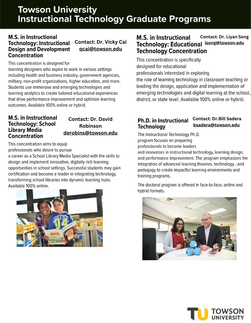 TowsonISTC's tweet image. Join the upcoming webinar to learn more and check out the other programs listed that Towson University has to offer! #towsonuniversity #educationaltechnology