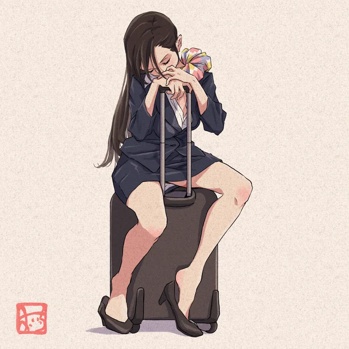 #仕事のあとの女の子 シリーズ#イラスト疲れ切っちゃってるキャビンアテンダントのおね〜さん 