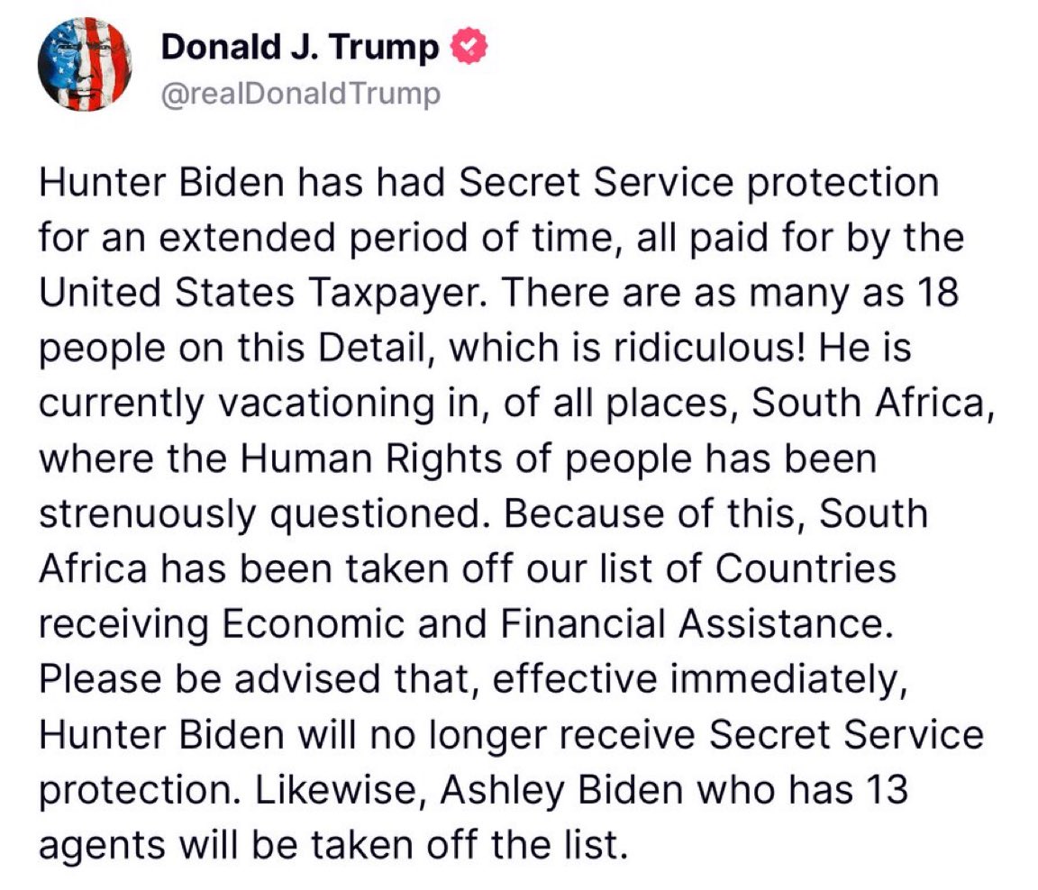 🚨BREAKING: President Trump just announced Hunter and Ashley Biden will no longer receive Secret Service protection.