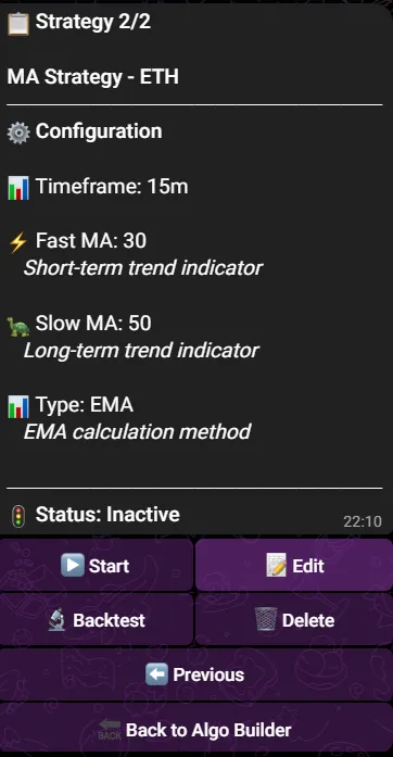 AlgoTrade__'s tweet image. Presenting My Strategies in the Algo Builder
The My Strategies section provides a comprehensive overview of all your configured trading strategies with detailed information for each one:
- Strategy type and coin: Whether it's RSI, Bollinger Bands, or Moving Averages.
-…