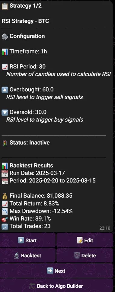 AlgoTrade__'s tweet image. Presenting My Strategies in the Algo Builder
The My Strategies section provides a comprehensive overview of all your configured trading strategies with detailed information for each one:
- Strategy type and coin: Whether it's RSI, Bollinger Bands, or Moving Averages.
-…