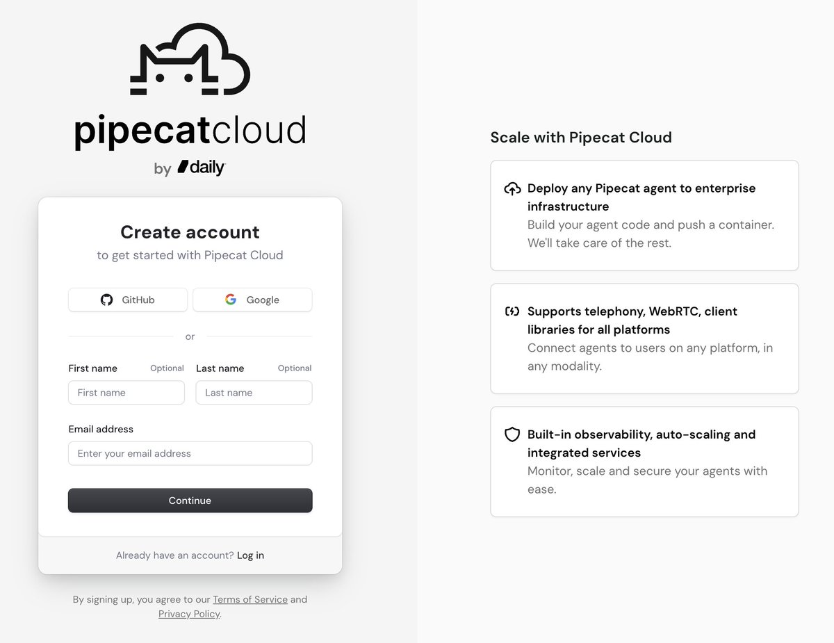 kwindla's tweet image. Introducing Pipecat Cloud, infrastructure for open source voice AI agents.
If you're building voice AI agents with @pipecat_ai, you have lots of options for hosting your agents: anywhere you can run a Python process and terminate WebSocket or WebRTC connections.
But managing…