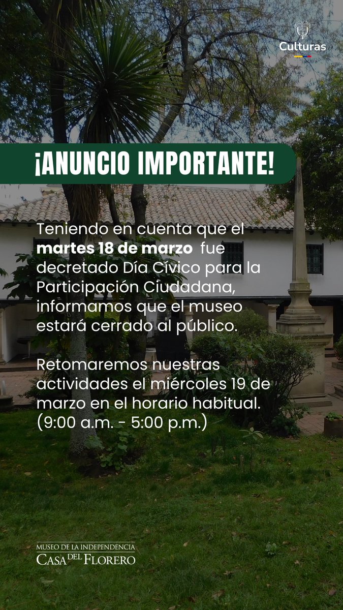 MuseoIndependencia (@mindependencia) on Twitter photo 🚨Anuncio importante 🚨
Informamos que el <a href="/Mindependencia/">MuseoIndependencia</a> estará cerrado el martes 18 de marzo.
Retomaremos nuestras actividades desde el miércoles 19 de marzo en el horario habitual del museo. 🚨Anuncio importante 🚨
Informamos que el <a href="/Mindependencia/">MuseoIndependencia</a> estará cerrado el martes 18 de marzo.
Retomaremos nuestras actividades desde el miércoles 19 de marzo en el horario habitual del museo.
