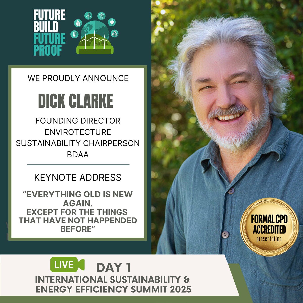 Sustainability thought leader Dick Clarke, Founding Director of Envirotecture and Sustainability Chairperson at BDAA, will be speaking at the International Sustainability and Energy Efficiency Summit. Join us March 24-25.
Visit …nabilityandenergyefficiencysummit.com
#sustainabledesign