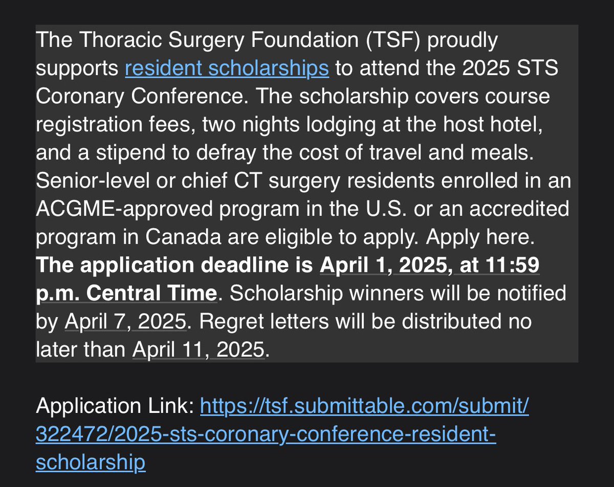 Irbaz Hameed, MD (@irbaz_hameed) on Twitter photo We have a trainee and early career-surgeon focused program for this year’s #STSCoronary2025. Accepted abstracts will be considered for publication in <a href="/annalsthorsurg/">The Annals of Thoracic Surgery</a> . Trainees encouraged to apply for <a href="/ThoracicSurgFnd/">The Thoracic Surgery Foundation (TSF)</a> scholarship (link below). <a href="/JoeSabik/">Joe Sabik</a> <a href="/RuelMarc1/">Marc Ruel, MD, MPH</a> <a href="/STS_CTsurgery/">The Society of Thoracic Surgeons</a> We have a trainee and early career-surgeon focused program for this year’s #STSCoronary2025. Accepted abstracts will be considered for publication in <a href="/annalsthorsurg/">The Annals of Thoracic Surgery</a> . Trainees encouraged to apply for <a href="/ThoracicSurgFnd/">The Thoracic Surgery Foundation (TSF)</a> scholarship (link below). <a href="/JoeSabik/">Joe Sabik</a> <a href="/RuelMarc1/">Marc Ruel, MD, MPH</a> <a href="/STS_CTsurgery/">The Society of Thoracic Surgeons</a>