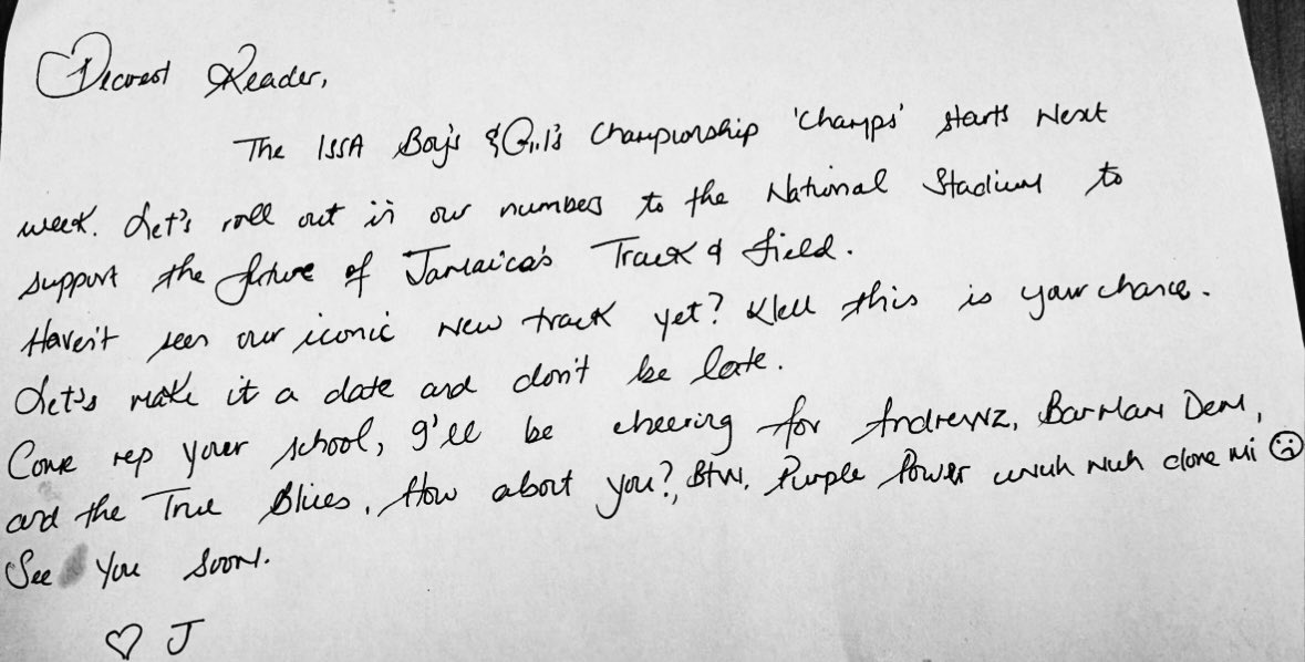 YOU’RE INVITED!!
Event: ISSA BOYS AND GIRLS CHAMPS
Location: National Stadium 🇯🇲🇯🇲
Date: March 25-29
Tickets: tickets.issasports.com
Requirements: Good vibes and energy.. Let’s go🔥🔥🇯🇲🇯🇲