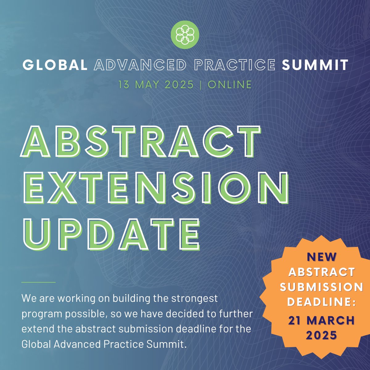 🔊 FINAL EXTENSION to the #abstract submission deadline - Submissions are now due 21 March!

➡️ Submit your abstract here: loom.ly/LlJ54yQ

#AlliedHealth #AdvancedPractice #Nursing #GAPS2025
