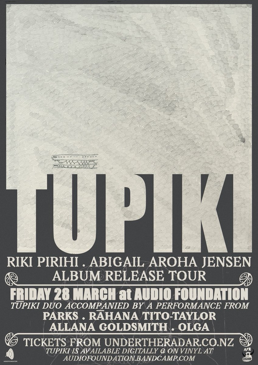 AudioFoundation's tweet photo. To celebrate 'Tūpiki’ by Abigail Aroha Jensen &amp; Riki Pirihi and it’s release on vinyl through AFRecords, the duo will be embarking on series of gigs in Whanganui-a-Tara and Tāmaki Makaurau. Join the Tūpiki Tour at Meow, Audio Foundation, Flying Out &amp; Acho’s on March 27, 28 &amp; 29 https://t.co/Lgh4UhHQzv