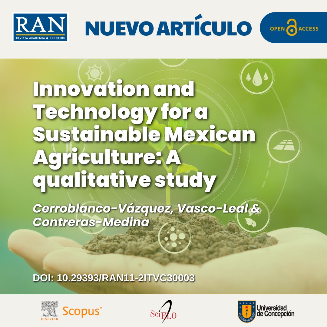 RAN - Revista Academia & Negocios (@ran_udec) on Twitter photo #RAN - New Published Paper 🔍
📄 Title: Innovation and Technology for a Sustainable Mexican Agriculture: A qualitative study.
✍️ Written by: Cerroblanco-Vázquez, Vasco-Leal & Contreras-Medina
🔗 Link: doi.org/10.29393/RAN11……
<a href="/UdecBibliotecas/">Bibliotecas UdeC</a> <a href="/Scopus/">Scopus</a> <a href="/SciELO_Chile/">SciELO Chile</a> <a href="/UdecChillan/">UdeC Chillán</a> #RAN - New Published Paper 🔍
📄 Title: Innovation and Technology for a Sustainable Mexican Agriculture: A qualitative study.
✍️ Written by: Cerroblanco-Vázquez, Vasco-Leal & Contreras-Medina
🔗 Link: doi.org/10.29393/RAN11……
<a href="/UdecBibliotecas/">Bibliotecas UdeC</a> <a href="/Scopus/">Scopus</a> <a href="/SciELO_Chile/">SciELO Chile</a> <a href="/UdecChillan/">UdeC Chillán</a>