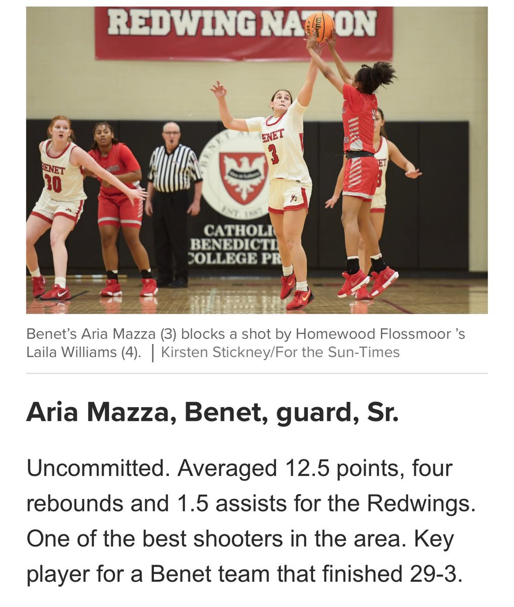 Aria Mazza (@ariamazza) on Twitter photo Honored to be named to Chicago Sun-Times All-Area team!! Thank you <a href="/suntimes_sports/">Sun-Times Sports</a>
<a href="/BenetGBB/">Benet Girls Basketball</a> Honored to be named to Chicago Sun-Times All-Area team!! Thank you <a href="/suntimes_sports/">Sun-Times Sports</a>
<a href="/BenetGBB/">Benet Girls Basketball</a>