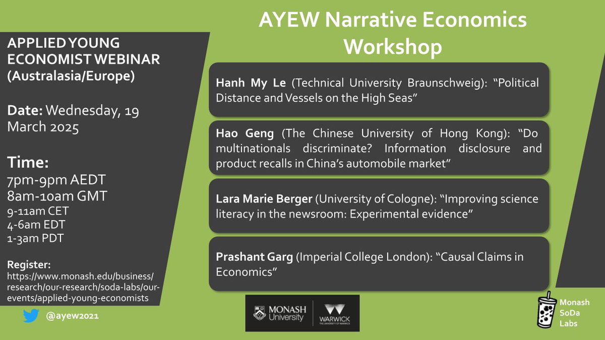 Applied Young Economist Webinar (@ayew2021) on Twitter photo TOMORROW (19 March): AYEW Narrative Economics Workshop!
Join us at 7:00pm AEDT / 8:00am GMT to listen to Hanh My Le (<a href="/tuBraunschweig/">TU Braunschweig</a>), Hao Geng (<a href="/CUHKofficial/">The Chinese University of Hong Kong - CUHK</a>), <a href="/lariberger/">Lara Marie Berger</a> (<a href="/UniCologne/">Universität zu Köln</a>), and <a href="/Prashant_Garg_/">Prashant Garg</a> (<a href="/imperialcollege/">Imperial College London</a>)
Sign up for Zoom details: monash.edu/business/impac… TOMORROW (19 March): AYEW Narrative Economics Workshop!
Join us at 7:00pm AEDT / 8:00am GMT to listen to Hanh My Le (<a href="/tuBraunschweig/">TU Braunschweig</a>), Hao Geng (<a href="/CUHKofficial/">The Chinese University of Hong Kong - CUHK</a>), <a href="/lariberger/">Lara Marie Berger</a> (<a href="/UniCologne/">Universität zu Köln</a>), and <a href="/Prashant_Garg_/">Prashant Garg</a> (<a href="/imperialcollege/">Imperial College London</a>)
Sign up for Zoom details: monash.edu/business/impac…