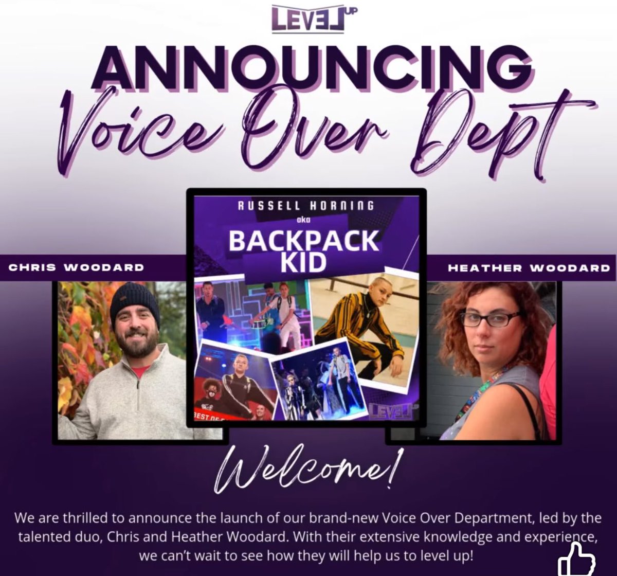 LevelUpVO's tweet image. We're Leveling Up! Announcing the new Voice Over Department @LevelUpVO , led by Chris and Heather Woodard. This division launches with over 80 new clients. Visit us at levelup-entertainment.com for all the details. 
#LevelingUp #VoiceActors #NewTalent