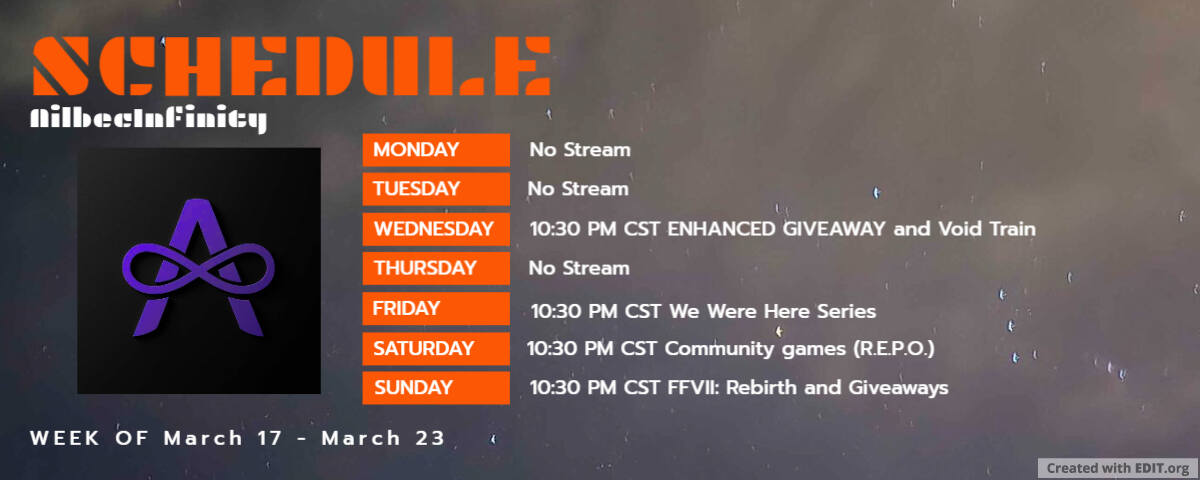 Stream schedule for the week! We have our big game giveaway on Wednesday, so be there for a chance to win any game you want (up to a $60 value)