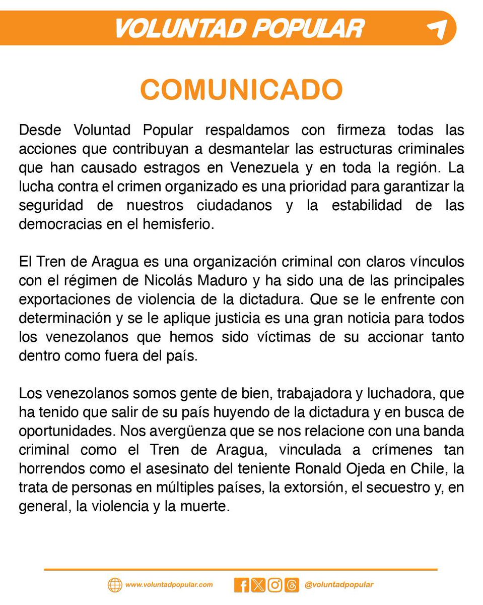 VoluntadPopular's tweet photo. COMUNICADO: Desde Voluntad Popular respaldamos las acciones que contribuyan a desmantelar el Tren de Aragua y resaltamos la honradez de la mayoría de los venezolanos que han tenido que emigrar por culpa de la dictadura de Nicolás Maduro. https://t.co/5UN3t4Z60d