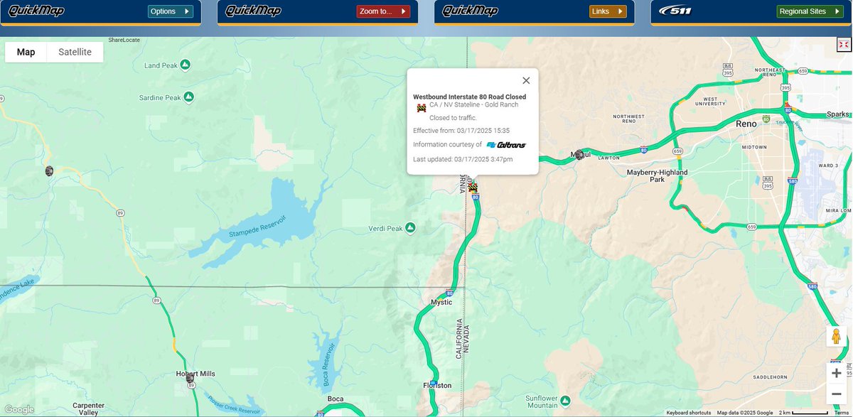 Caltrans District 3 (@caltransdist3) on Twitter photo #TrafficAlert WB I-80 is closed at Nevada state line due to multiple collisions in the Blue Canyon area. No ETO. Expect delays and check #QuickMap for any updates.
<a href="/CHP_Truckee/">CHP Truckee</a> <a href="/CHPGoldRun/">CHP - Gold Run</a> #TrafficAlert WB I-80 is closed at Nevada state line due to multiple collisions in the Blue Canyon area. No ETO. Expect delays and check #QuickMap for any updates.
<a href="/CHP_Truckee/">CHP Truckee</a> <a href="/CHPGoldRun/">CHP - Gold Run</a>