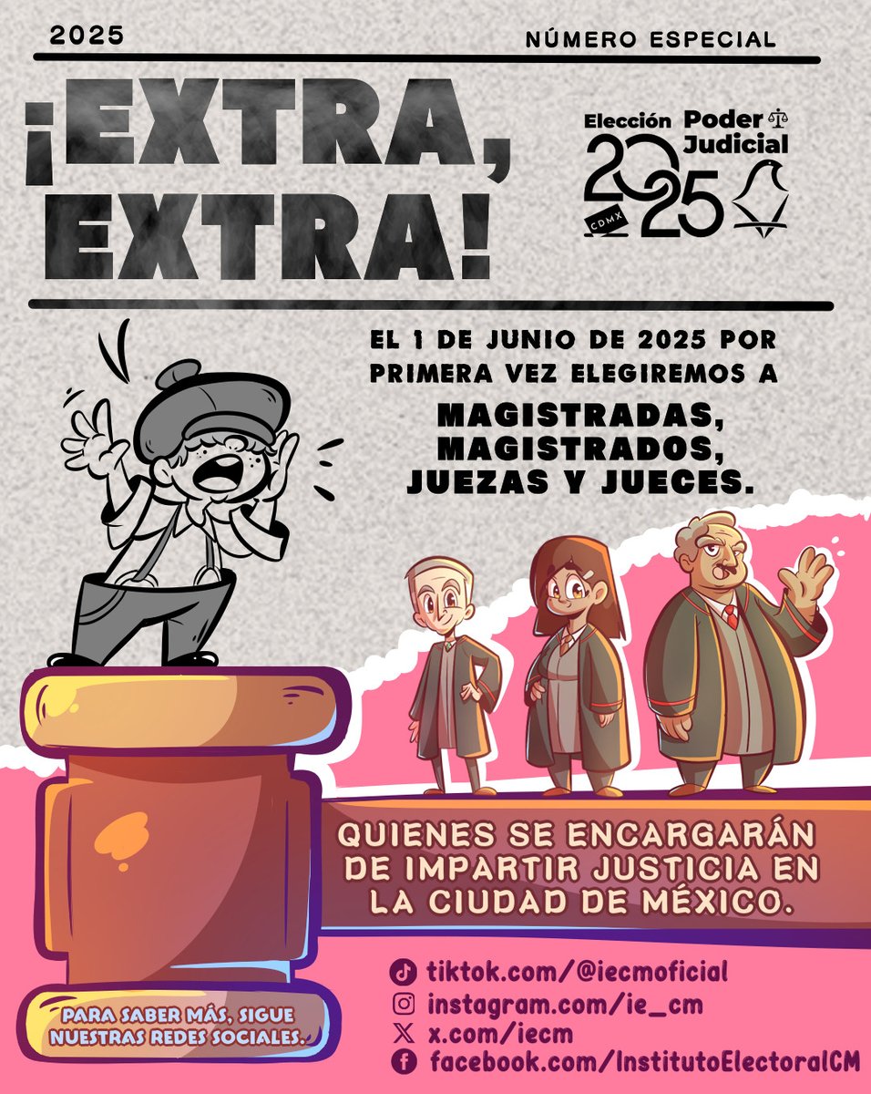¡Histórico! 🗳️⚖️​

El 1 de junio serán las elecciones del Poder Judicial. 📢​

🔹 Infórmate y participa.​

🔹 Tú decides quién juzga​

📌 Sigue nuestras redes sociales. ​

#EleccionesPJ2025​

#Vota1dejunio ​

#Participa