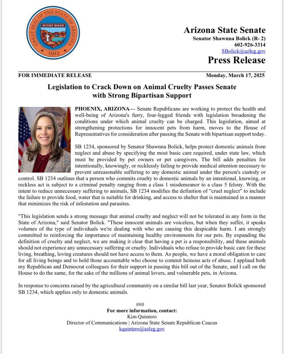 AZSenateRepublicans (@azsenategop) on Twitter photo 🚨FOR IMMEDIATE RELEASE: Legislation to Crack Down on Animal Cruelty Passes Senate with Strong Bipartisan Support
Full Press Release: azsenaterepublicans.gov/post/legislati…
<a href="/ShawnnaLMBolick/">Shawnna LM Bolick</a> 🚨FOR IMMEDIATE RELEASE: Legislation to Crack Down on Animal Cruelty Passes Senate with Strong Bipartisan Support
Full Press Release: azsenaterepublicans.gov/post/legislati…
<a href="/ShawnnaLMBolick/">Shawnna LM Bolick</a>