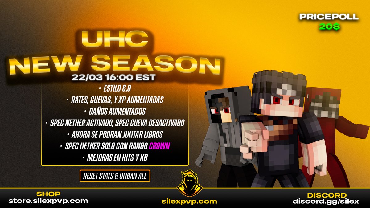 ⚔️SILEX NUEVA SEASON⚔️

Estamos muy felices de anunciar nuestra nueva season, por eso estaremos sorteando lo siguiente:

10$ PayPal💰
x1 Rango Prince
x2 Rango Luxe
x3 Rango Zare

Para participar deben darle like y rt a este tweet. (Mas info en: discord.gg/silex)