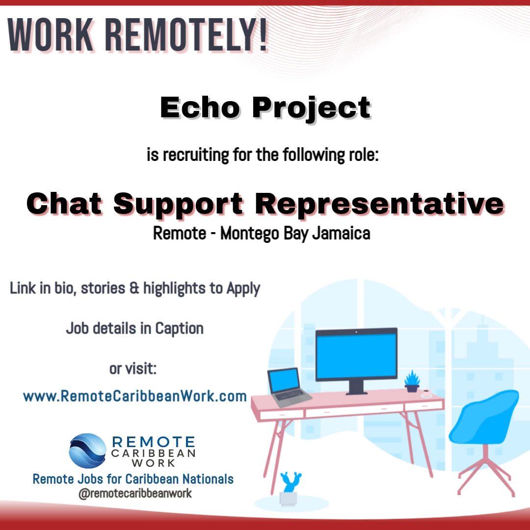 CaribbeanRemote's tweet photo. New Work From Home Job Opportunity in #Jamaica - Chat Support Representatives (#MontegoBay Remote)
Email your resume to: paige@echoproject.co 
See full details at 🔗 https://t.co/qaRIHp9pKq https://t.co/jUnfFAVnyB