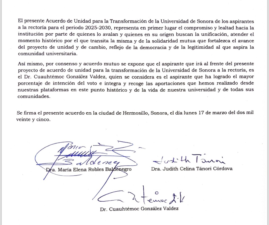Firma del acuerdo de unidad para la transformación de nuestra universidad de sonora, donde se  le brinda todo el apoyo a el Dr. Cuauhtémoc González quien irá al frente de este gran proyecto para la rectoria de la UNISON
#todosconelcuau #CuauhtemocRector2025