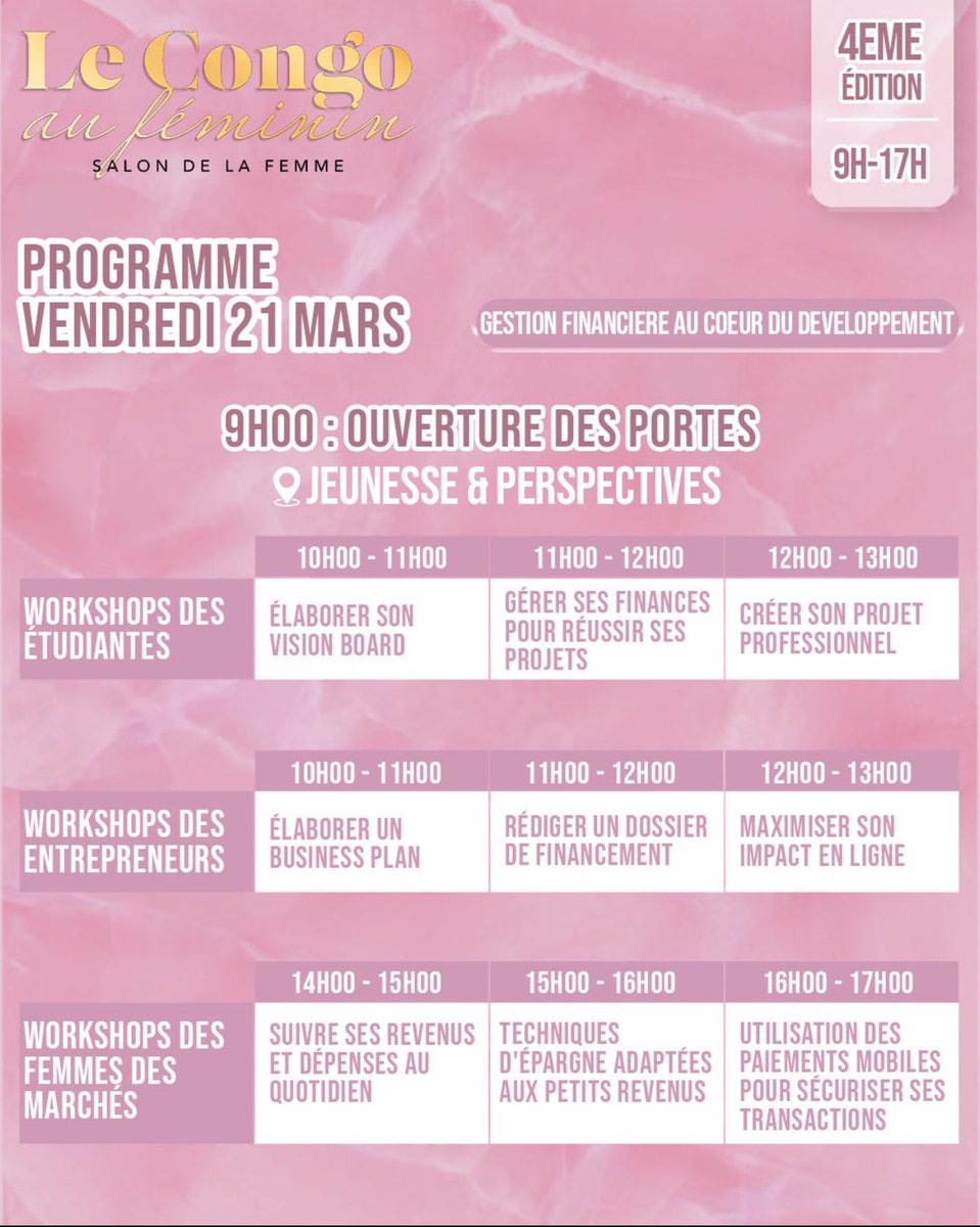 Présent à Le Congo Au Féminin du 21 au 22 mars 2025 pour soutenir l’entrepreneuriat féminin avec respect et engagement. #CongoAuFéminin #EntrepreneuriatFéminin
