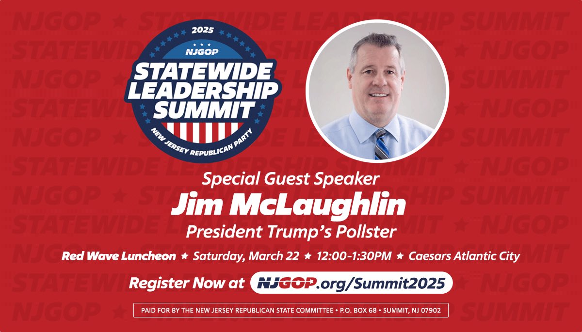 New Jersey GOP (@njgop) on Twitter photo 🚨BREAKING: We are thrilled to announce President Trump’s pollster, <a href="/JMcLaughlinSTK/">Jim McLaughlin</a> as a Special Guest Speaker at the NJGOP Statewide Leadership Summit! 🇺🇸🔴
🎟️ Join us this weekend —> rb.gy/j4ytmu 🚨BREAKING: We are thrilled to announce President Trump’s pollster, <a href="/JMcLaughlinSTK/">Jim McLaughlin</a> as a Special Guest Speaker at the NJGOP Statewide Leadership Summit! 🇺🇸🔴
🎟️ Join us this weekend —> rb.gy/j4ytmu