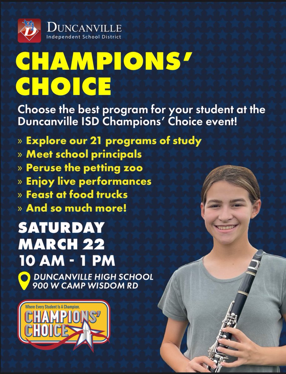 The Champions’ Choice event is this Saturday! Enjoy the performances and the food trucks and, most importantly, learn about the academic programs our district has to offer.