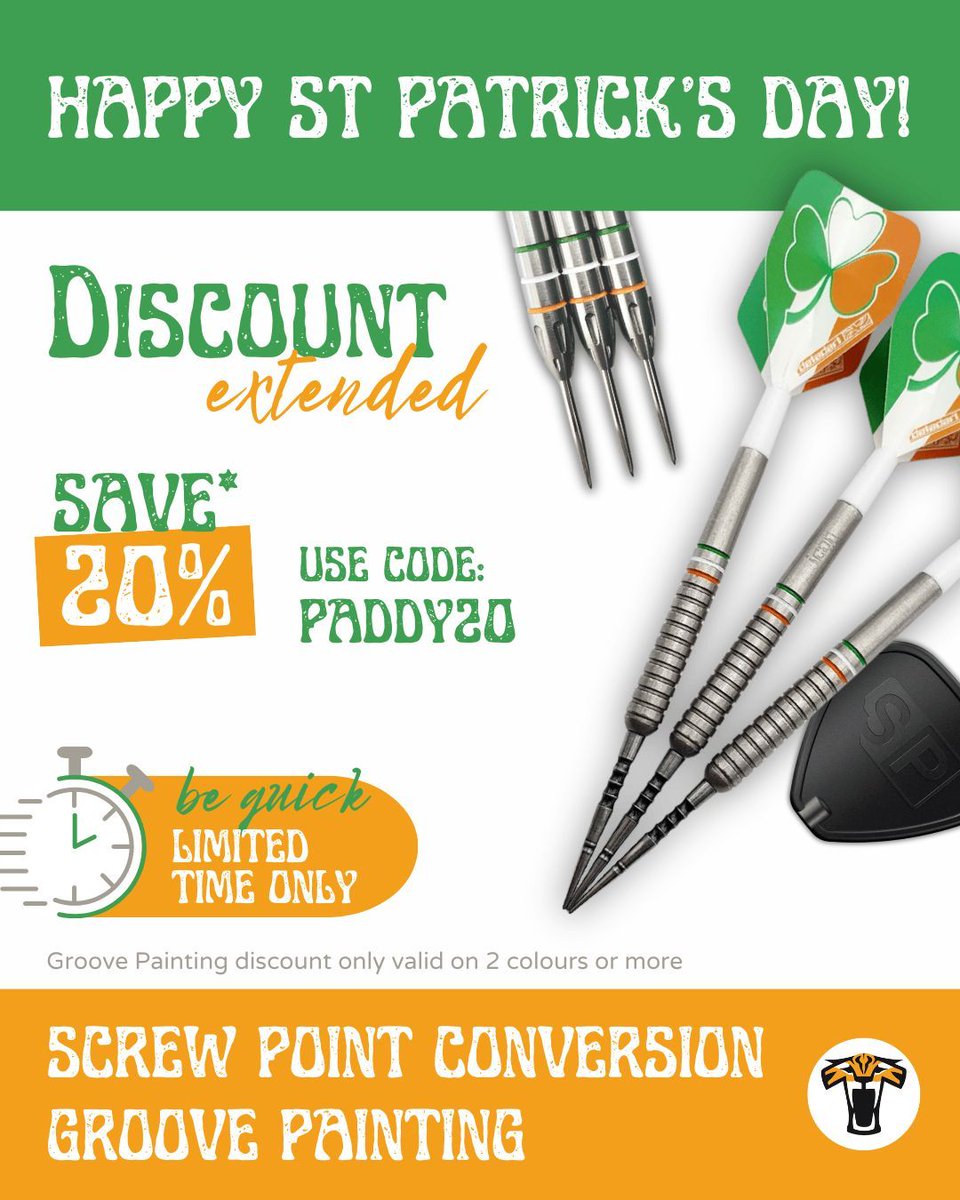🇮🇪 Happy St. Patrick's Day - UPDATE 🇮🇪

Discount now extended to Screw Point Conversions too!

Upgrade your darts🎯 and add some #SwissPoints (limited stock) to give your game some luck ☘️ 

#TigerDarts #StPatricksDay #DartDeals #Discount #ScrewPointConversion #Irish #Offer #Gold