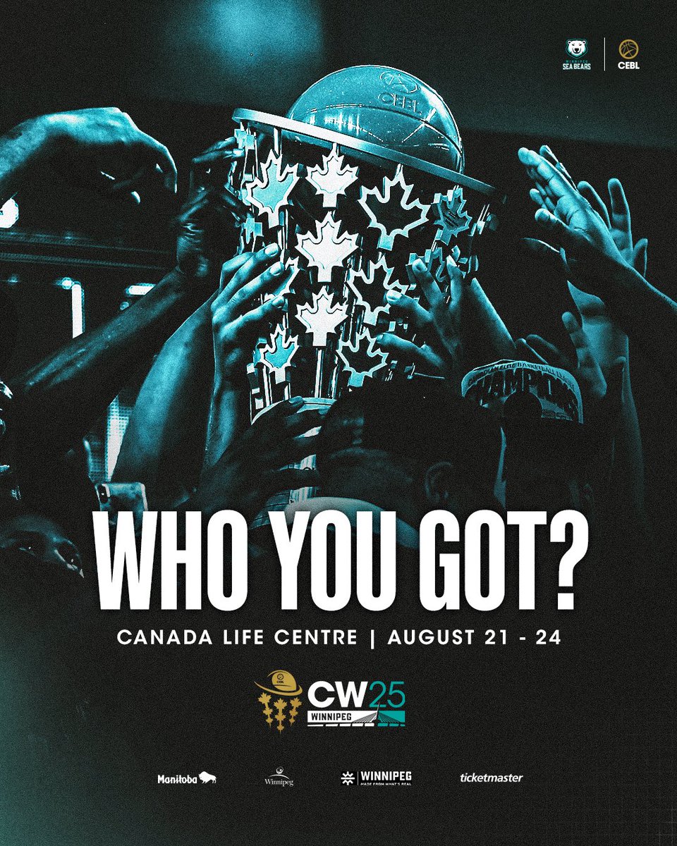 ....CW25 loading ⌛🏆

Who will hoist the #CEBL Championship Trophy this August at Canada Life Centre? Let us know ⬇️

Make sure you don’t miss a new champion being crowned - get your tournament packs right now at am.ticketmaster.com/seabears/buy/i… 🎟️

#PullUp | #CEBLSeasonVII