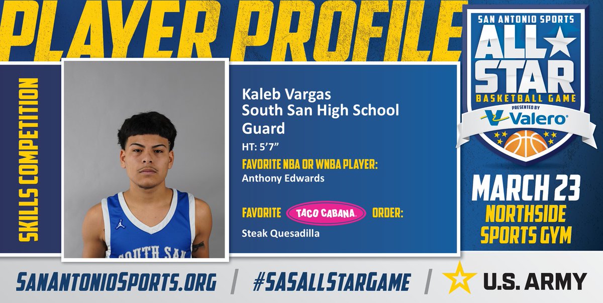 San Antonio Sports (@sa_sports) on Twitter photo Meet @kalebvargas2025 from <a href="/SSAISDssahs/">South San HS</a> who will compete in the San Antonio Sports All-Star Skills Comp. pres. by <a href="/ValeroEnergy/">Valero</a> at the Northside Sports Gym on March 23rd! #SASAllStarGame #BeAllYouCanBe <a href="/TacoCabana/">Taco Cabana</a> <a href="/ArmySanAntonio/">GoArmy San Antonio</a> <a href="/theantedwards_/">Anthony Edwards</a>
@SouthSanHoops
<a href="/SsaisdAthletics/">SouthSanISDAthletics</a> Meet @kalebvargas2025 from <a href="/SSAISDssahs/">South San HS</a> who will compete in the San Antonio Sports All-Star Skills Comp. pres. by <a href="/ValeroEnergy/">Valero</a> at the Northside Sports Gym on March 23rd! #SASAllStarGame #BeAllYouCanBe <a href="/TacoCabana/">Taco Cabana</a> <a href="/ArmySanAntonio/">GoArmy San Antonio</a> <a href="/theantedwards_/">Anthony Edwards</a>
@SouthSanHoops
<a href="/SsaisdAthletics/">SouthSanISDAthletics</a>