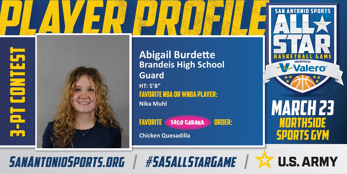San Antonio Sports (@sa_sports) on Twitter photo Meet <a href="/Abby_Burdette2/">Abigail burdette</a> from <a href="/NISDBrandeis/">Brandeis High School</a> who will compete in the San Antonio Sports All-Star 3-Point Contest pres. by <a href="/ValeroEnergy/">Valero</a> at the Northside Sports Gym on March 23rd! #SASAllStarGame #BeAllYouCanBe <a href="/TacoCabana/">Taco Cabana</a> <a href="/ArmySanAntonio/">GoArmy San Antonio</a> <a href="/MuhlNika/">Nika Muhl</a>
<a href="/bhsorangeball/">BrandeisGirlsHoops</a>
<a href="/BroncosBrandeis/">Brandeis Broncos Athletic Booster Club</a> Meet <a href="/Abby_Burdette2/">Abigail burdette</a> from <a href="/NISDBrandeis/">Brandeis High School</a> who will compete in the San Antonio Sports All-Star 3-Point Contest pres. by <a href="/ValeroEnergy/">Valero</a> at the Northside Sports Gym on March 23rd! #SASAllStarGame #BeAllYouCanBe <a href="/TacoCabana/">Taco Cabana</a> <a href="/ArmySanAntonio/">GoArmy San Antonio</a> <a href="/MuhlNika/">Nika Muhl</a>
<a href="/bhsorangeball/">BrandeisGirlsHoops</a>
<a href="/BroncosBrandeis/">Brandeis Broncos Athletic Booster Club</a>