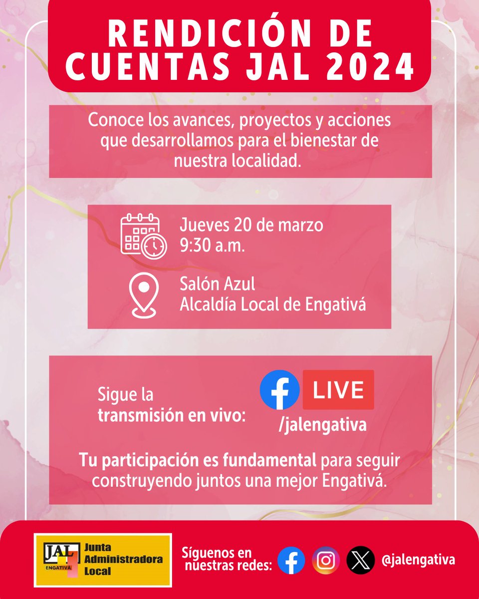 📢 #RendiciónDeCuentasJAL2024

Conoce los avances, proyectos y acciones para el bienestar de Engativá.

📅 Jueves 20 de marzo | ⏰ 9:30 a.m.
📍 Salón Azul - Alcaldía Local de Engativá

Si no puedes asistir, sigue la transmisión en vivo en 👉 /jalengativa