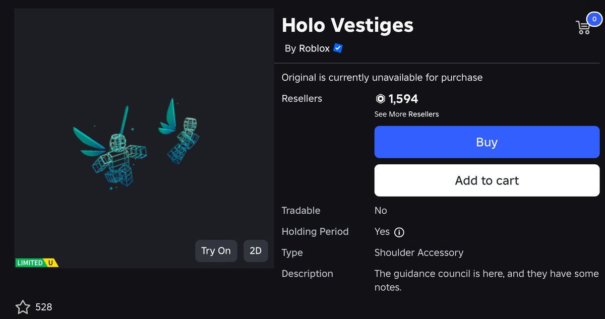 100TabbyCats's tweet image. Brand new roblox limited! Holo Vestiges has gone limited and weirdly have been marked as a limited U? Also now tradeable, very weird so far.
#roblox #robloxlimiteds #robloxtrading
