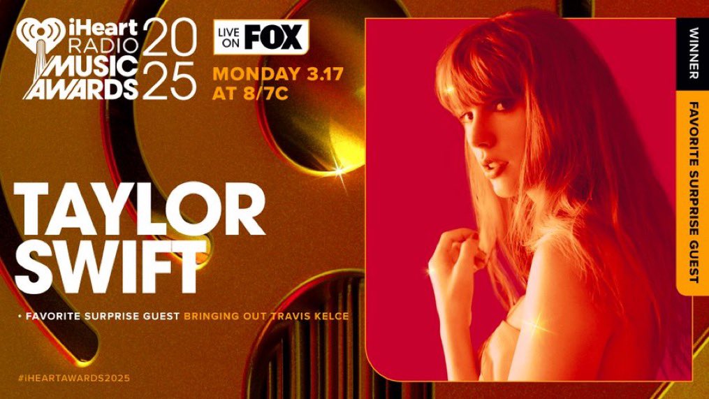 TSTheErasTour's tweet photo. 🚨| Taylor Swift and Travis Kelce wins “ Favorite Surprise Guest” at #TSTheErasTour. 

#iHeartAwards2025 https://t.co/dcVEhws7ey