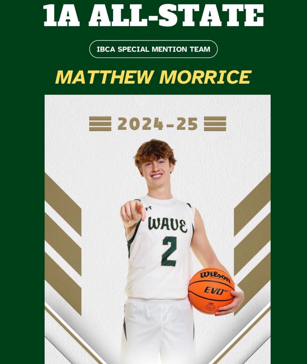 BIG Congrats to Matthew Morrice on earning 1A All-State IBCA Special Mention! Huge honor for the St. Edward star and well deserved for his incredible season. #WavePride #AllState #IBCA 🏀🔥