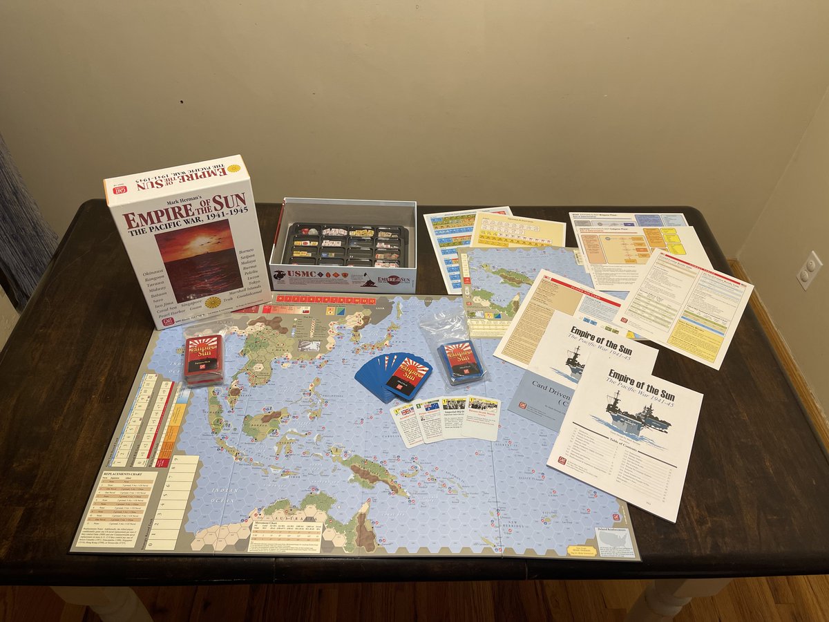 cardBoardmember's tweet photo. Empire of the Sun: Designed by everyone’s favorite Mark, @markherman54, published by @GMTGames originally printed in 2005. A CDG—Allies vs. Japan in the Pacific, ’41-45, with grand strategy, amphibious ops, and ISR chaos.  #WWII #EmpireOfTheSun

Who hasn’t heard of this game? https://t.co/ejzqnKnu7S