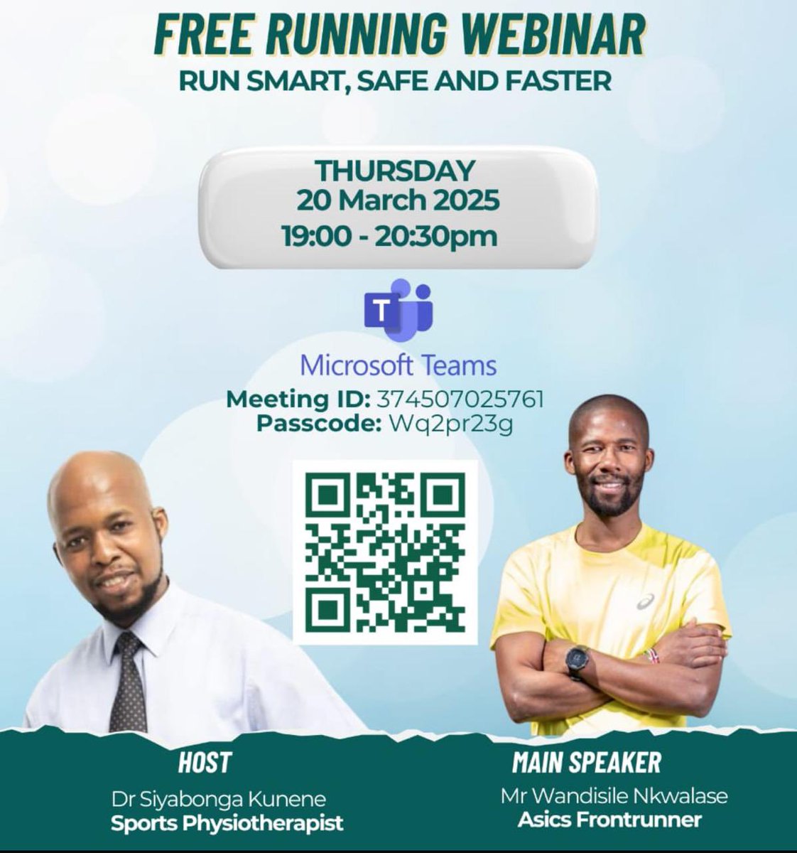 All runners are invited to a free webinar this Thursday hosted by our Dr Kunene. 🏃 
Meeting link: msteams.link/NW4T

#sportsphysio #witsie4life #therapueticsciences #sths