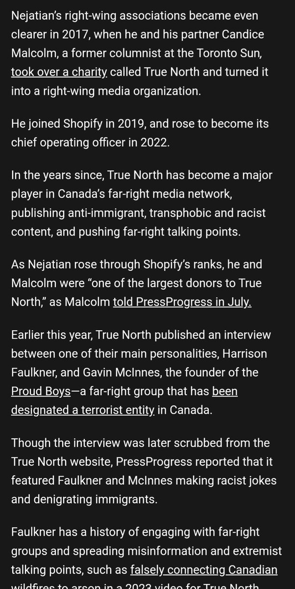 The COO of Shopify, Kaz Nejatian, is one of the founding directors of the charity that operates True North, which provides investigative stories to Juno News.

Juno News just published a hit piece on the teenage medical history of our new Prime Minister's child, which was