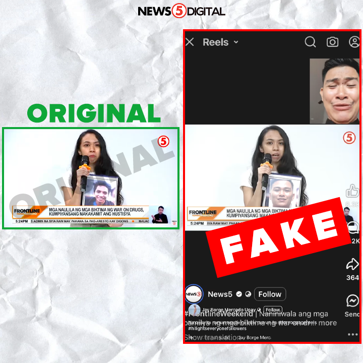 News5PH's tweet image. Kumakalat ngayon online ang video kung saan in-edit ang isang ulat na lumabas sa #FrontlineWeekend nitong March 15 ukol sa mga naulila ng mga biktima ng drug war.

Maging mapanuri at maingat sa mga peke at gawa-gawang post, larawan, at video na nakikita sa social media. #News5