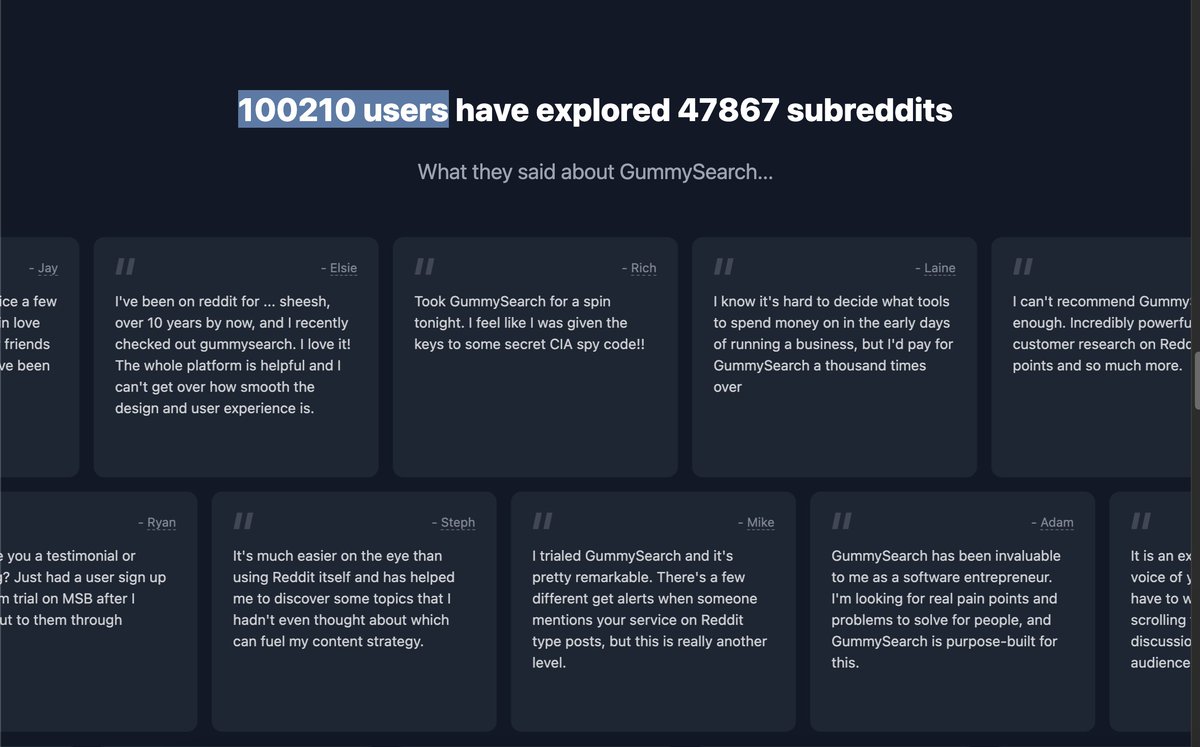 Fed π» (@foliofed) on Twitter photo A few years ago I built a personal tool to search/analyze Reddit communities
Eventually I decided to let others try it. First version didn't even have a login or database
I'm glad I did. Today <a href="/gummy_search/">GummySearch</a> crosses 100k users. Thank you to all that are part of the journey! A few years ago I built a personal tool to search/analyze Reddit communities
Eventually I decided to let others try it. First version didn't even have a login or database
I'm glad I did. Today <a href="/gummy_search/">GummySearch</a> crosses 100k users. Thank you to all that are part of the journey!