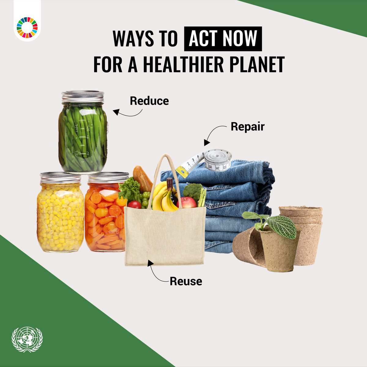 UNGeneva's tweet photo. Reduce, reuse &amp; recycle ♻ ! It helps tackle the climate emergency and reduces waste and plastic pollution.

Join the #ActNow movement &amp; make small changes in your daily lifestyle.
https://t.co/6fpf2izTAO #ClimateAction https://t.co/DytpGt9oPQ