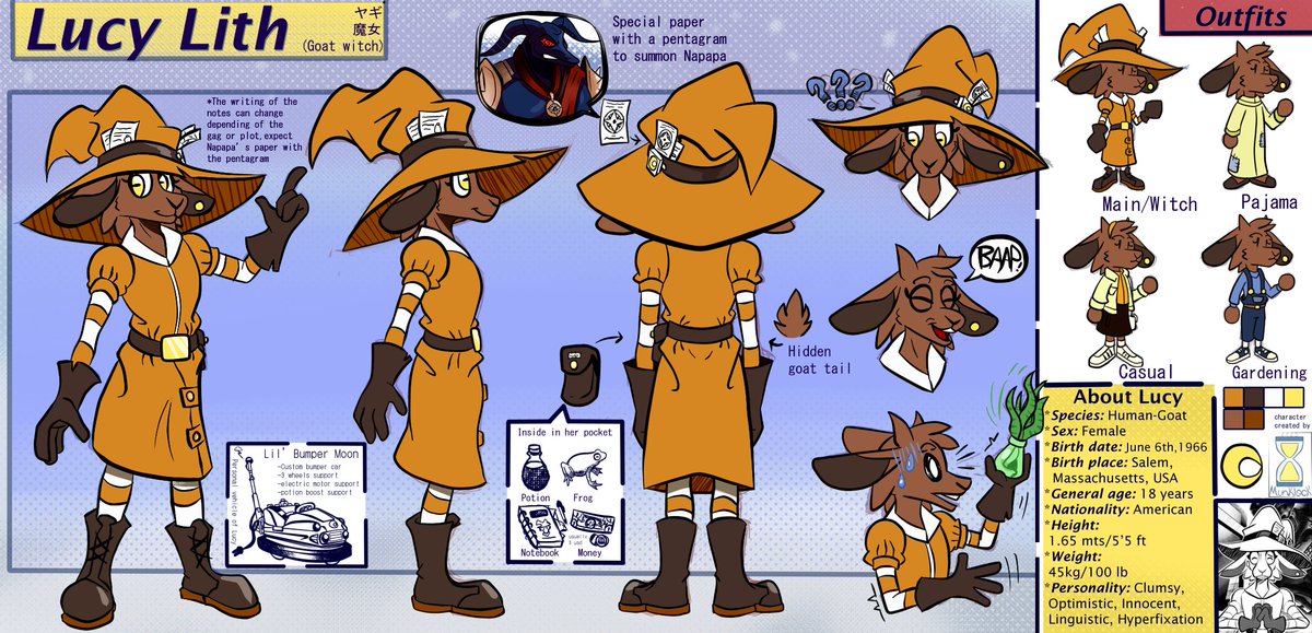 Munklock's tweet photo. A brand new ref sheet, starring by Lucy Lith, the human goat witch from Salem, Massachusetts around the 80s, usually doing summoner stuffs along with creation of potions (And have a demon called Napapa, usually summoning by "accident")

expect a new comic of her soon https://t.co/vaGpOqBUeX