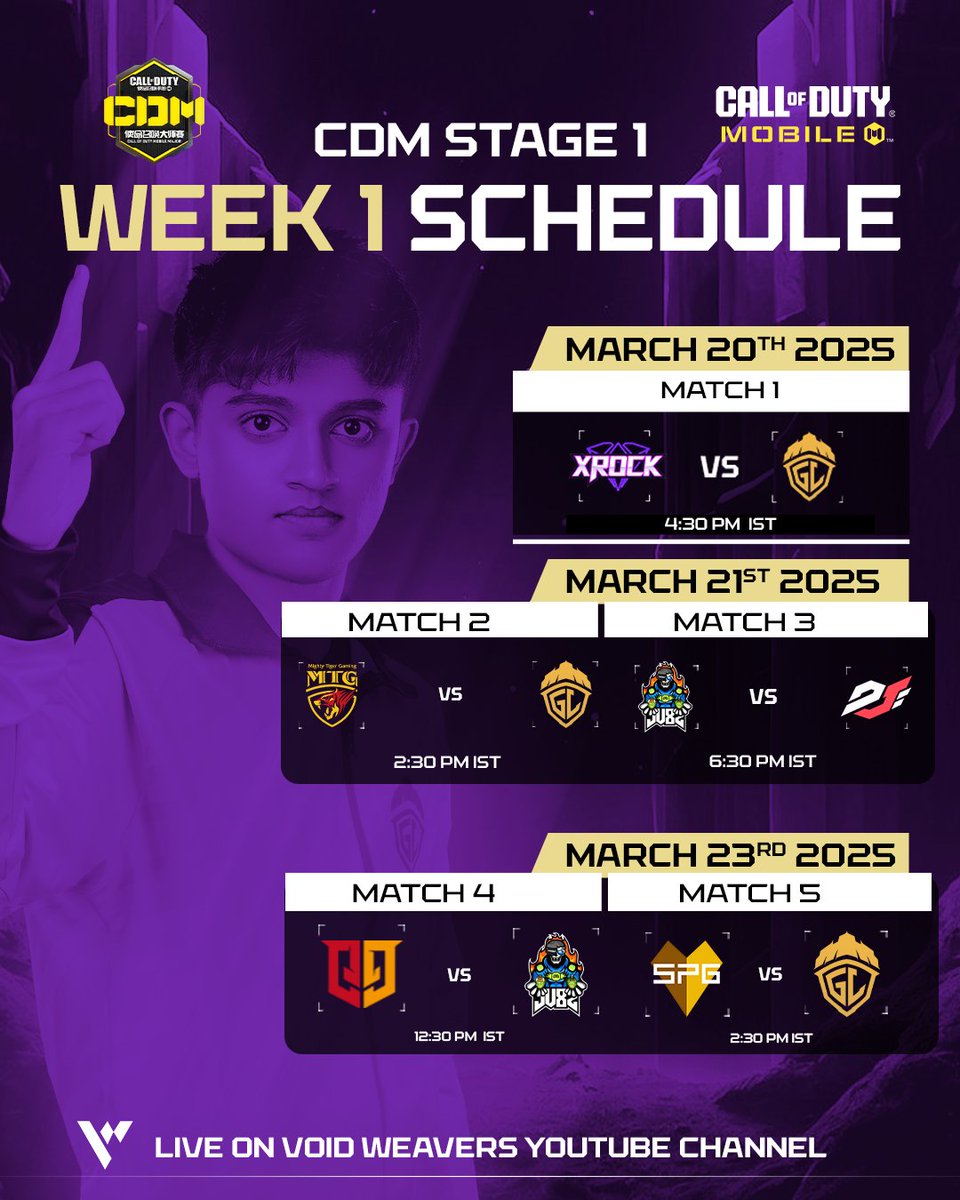 Void_Weavers_'s tweet image. Presenting the CDM Stage 1 Week 1 schedule.

All eyes on our Indian powerhouses! 🇮🇳🔥

@S8ulesports &amp;amp; @GodLike_in are ready to take on the best from China in Stage 1! Time to show them what Indian teams are made of! 💪🏽🇮🇳  

#IndiaFightsBack #S8UL #GodLike #CDM #CODM