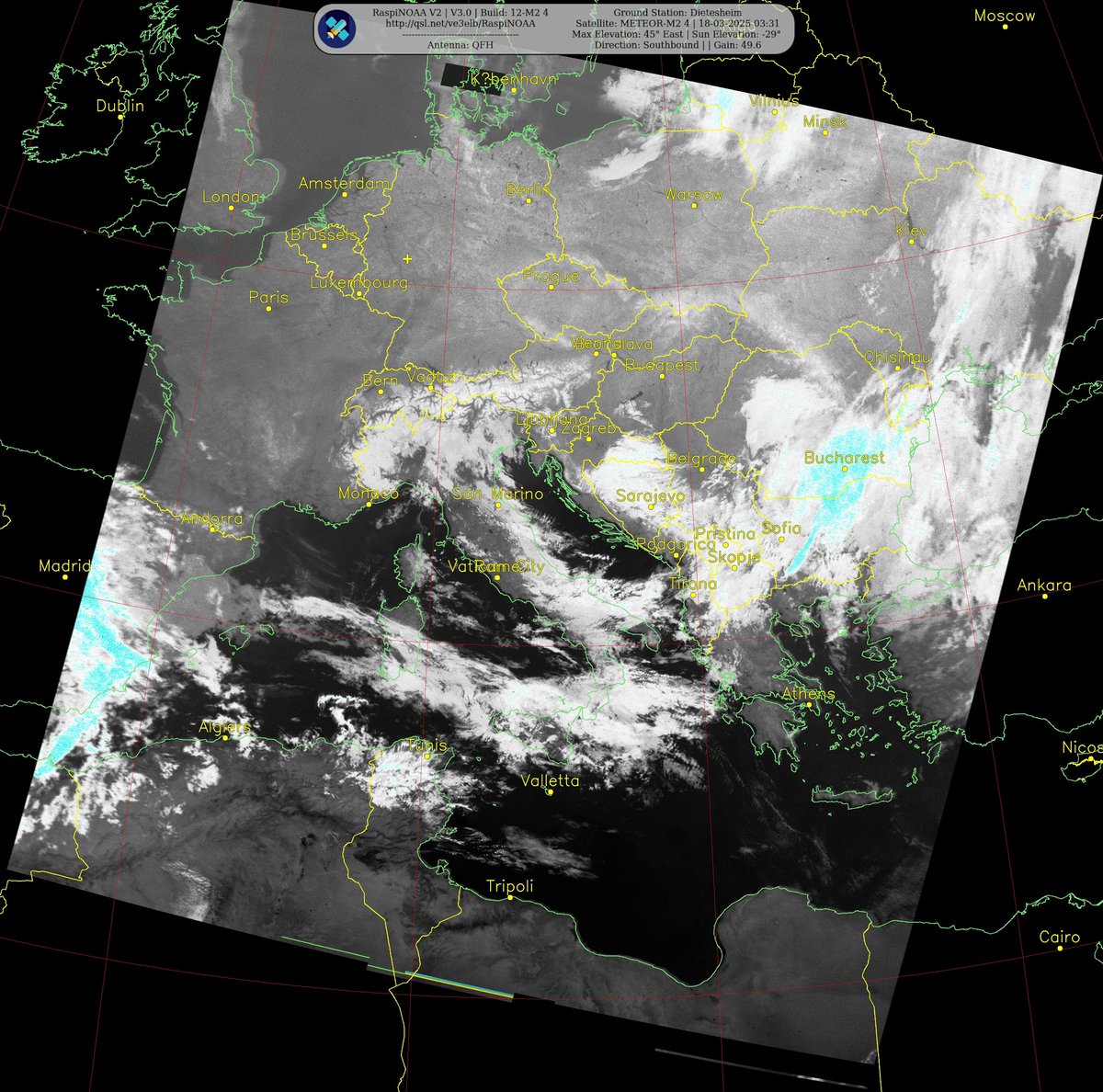Ground Station: Dietesheim
Satellite: METEOR-M2 4 | 18-03-2025-03:31
Max Elevation: 45° East | Sun Elevation: -29°
Direction: Southbound | | Gain:49,6