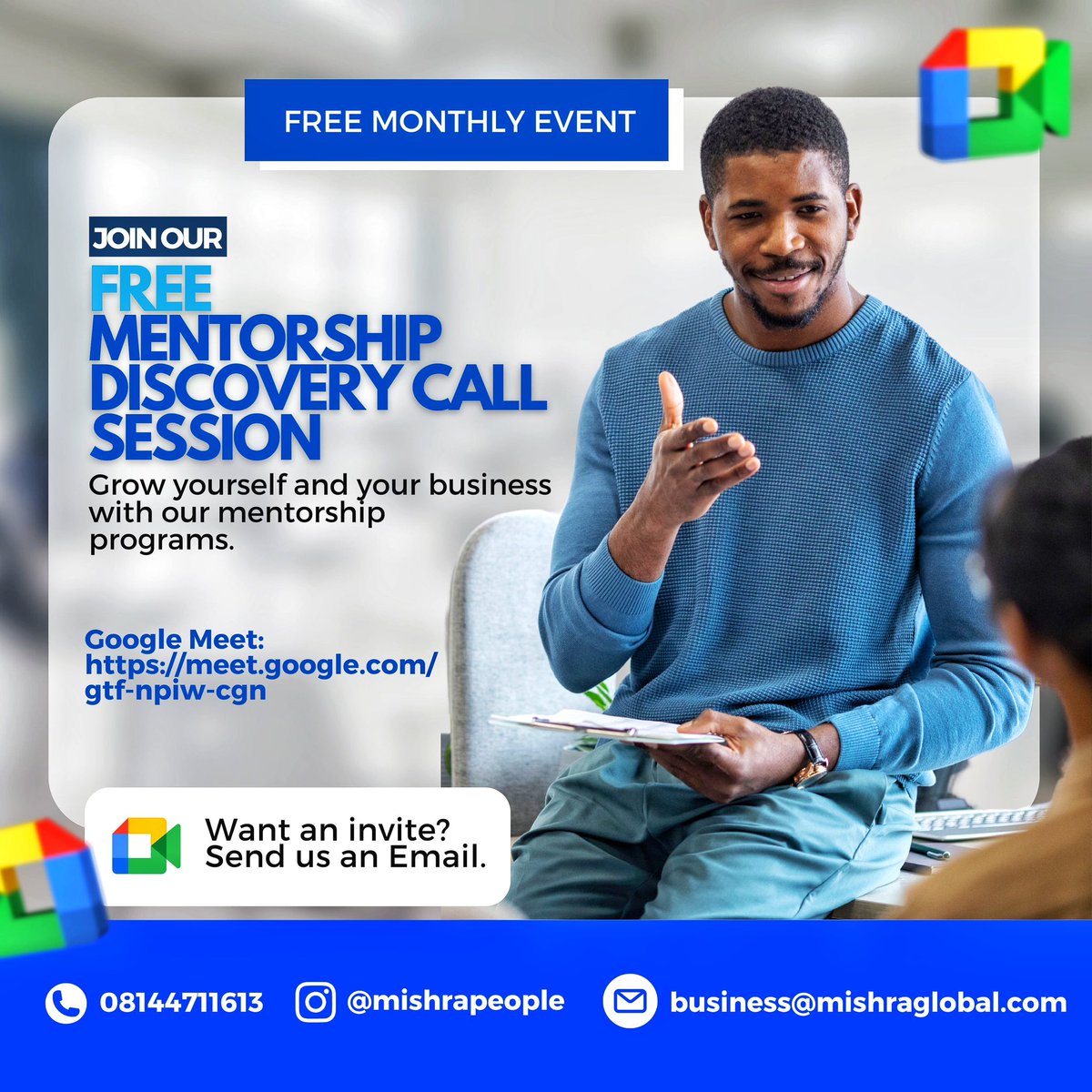 mishrapeople's tweet photo. Join our monthly Mentorship session happening this Friday at 1pm. 

Send an email to business@mishraglobal.com to get an invite. https://t.co/rc3IKliGUU