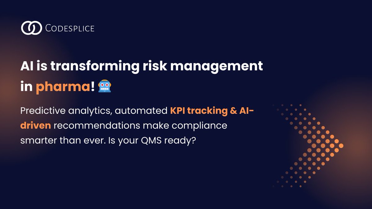 Codesplice Ltd (@codespliceltd) on Twitter photo AI is transforming risk management in pharma! π€ Predictive analytics, automated KPI tracking & AI-driven recommendations make compliance smarter than ever. Is your QMS ready?
traxqm.com AI is transforming risk management in pharma! π€ Predictive analytics, automated KPI tracking & AI-driven recommendations make compliance smarter than ever. Is your QMS ready?
traxqm.com
