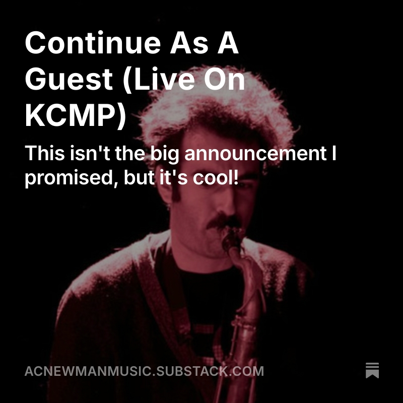 New <a href="/ACNewman/">@ACNewman</a> post on Substack. 'Continue As A Guest' live on KCMP! Carl talks about Adam Schatz, loops and everything else that intersects with those 2 topics: acnewmanmusic.substack.com/p/continue-as-…