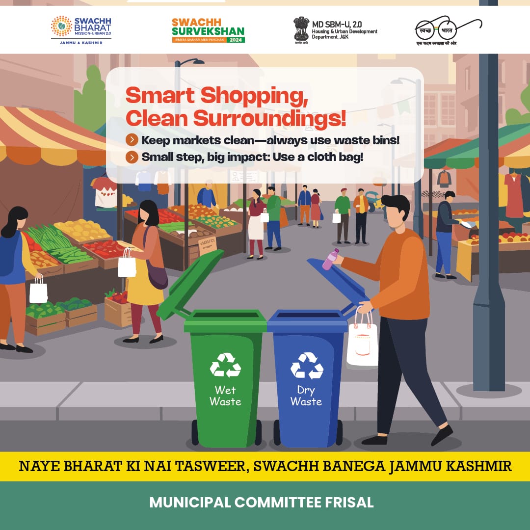 EoFrisal's tweet photo. "Smart shopping starts with clean surroundings! 🛍️♻️ Use waste bins & carry a cloth bag for a greener Jammu & Kashmir. Let's keep our markets clean! 🌱✨ #SwachhSurvekshan #CleanMarkets #Frisal"
@DULBKASHMIR
@swachhbharat https://t.co/YRIjSSFpzC