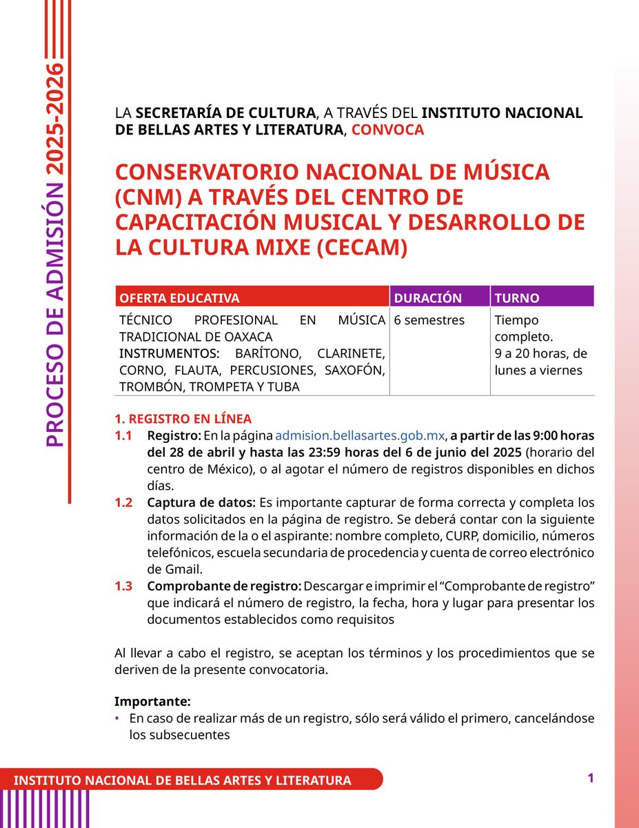 CECAMMIXE's tweet photo. Convocatoria para el ingreso al CECAM Ciclo Escolar 2025-2026: Técnico Profesional en Música Tradicional de Oaxaca.
https://t.co/IZLuXKq1jF

"Por la Vida Musical Mixe"
#PorSiempreCECAM https://t.co/8hbDuszv0T