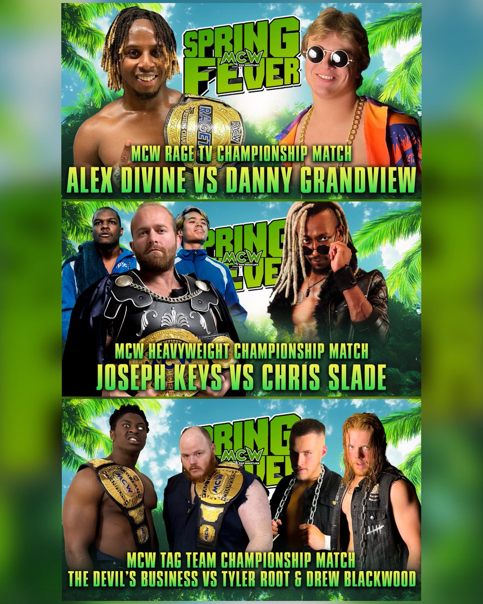 MCWWrestling's tweet photo. See 3️⃣ HUGE #MCWProWrestling Championship matches THIS SATURDAY NIGHT when we return to Southern #Maryland to kick off the 2025 #MCWSpringFever Tour ☀️ 

🎟️🎟️ https://t.co/P2rZEGj6xG 🎟️🎟️ 

🏆 @AlexDivineHSK has been taking on and knocking down all challengers for his #MCWRageTV Title as of late. Will his luck be the same when he meets ‘Sunshine’ Danny Grandview?

🏆 The Helm have stepped up to the plate and are ready to throw LIVE ROUNDS when they face The Devil’s Business for the Tag Team titles!

🏆  The jaw dropping, high flying @ChrisSlade25 has been turning heads in #MCW since his debut. Can his impressive repertoire score him a win over @CupOfJoeKeys and earn some Heavyweight gold?